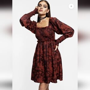 Disturbia Burgundy Floral Long Sleeve Smocked Dress